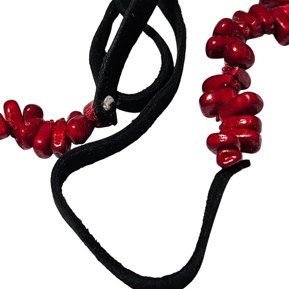 Red Coral Chip Bead Necklace Black Suede Tie Closure Handmade Jewelry - Picture 3 of 5